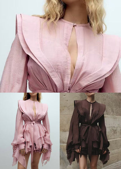 Pink Ruffled Cotton Mini Dress Lantern Sleeve