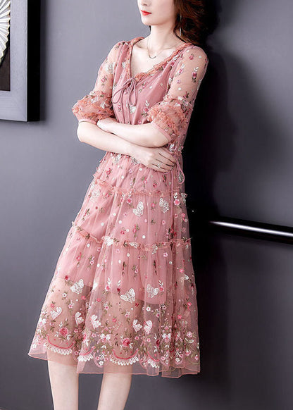 Pink Ruffled Embroideried Exra Large Hem Tulle Cinched Dress Summer