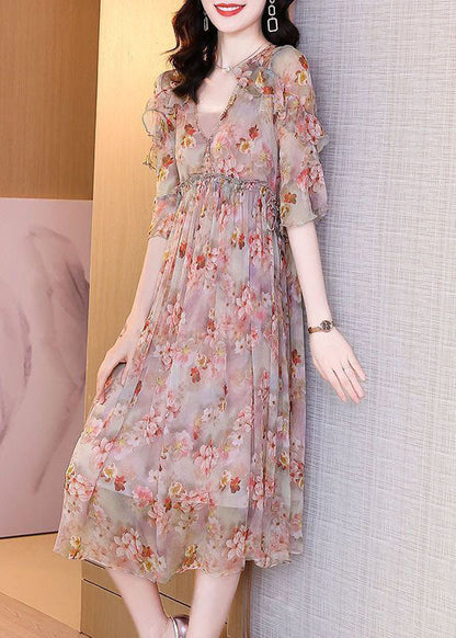 Pink Ruffled Print Chiffon Beach Dress Summer