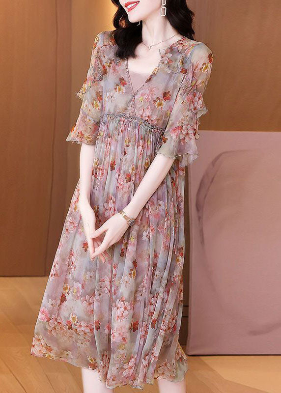 Pink Ruffled Print Chiffon Beach Dress Summer