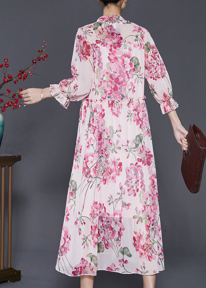 Pink Ruffled Print Chiffon Dress Spring