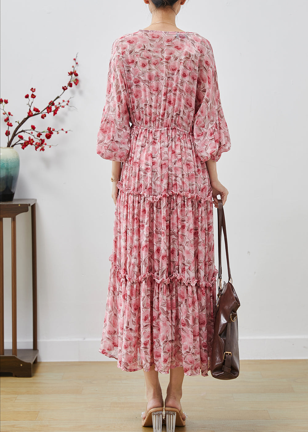 Pink Ruffled Print Chiffon Maxi Dresses Lantern Sleeve