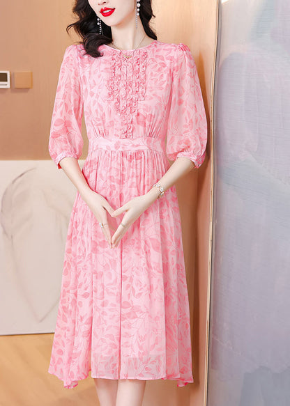 Pink Ruffled Print Silk Dresses Half Sleeve