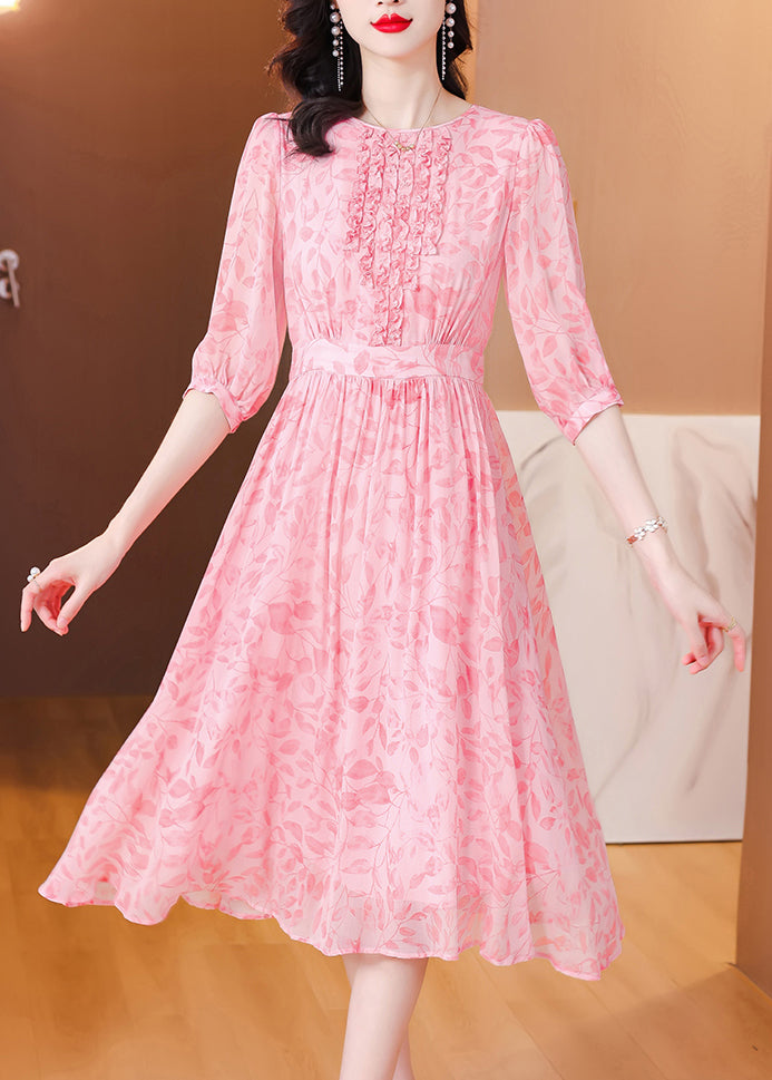Pink Ruffled Print Silk Dresses Half Sleeve