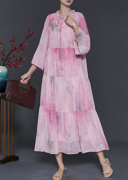 Pink Ruffled Tie Dye Chiffon Maxi Dress Spring