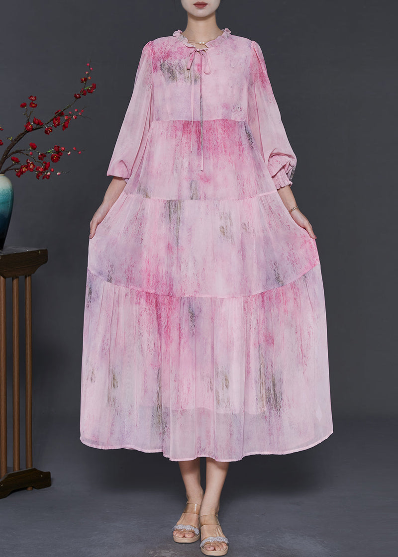 Pink Ruffled Tie Dye Chiffon Maxi Dress Spring