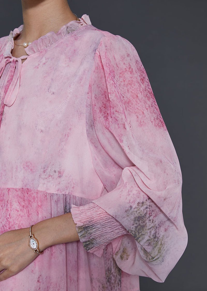 Pink Ruffled Tie Dye Chiffon Maxi Dress Spring