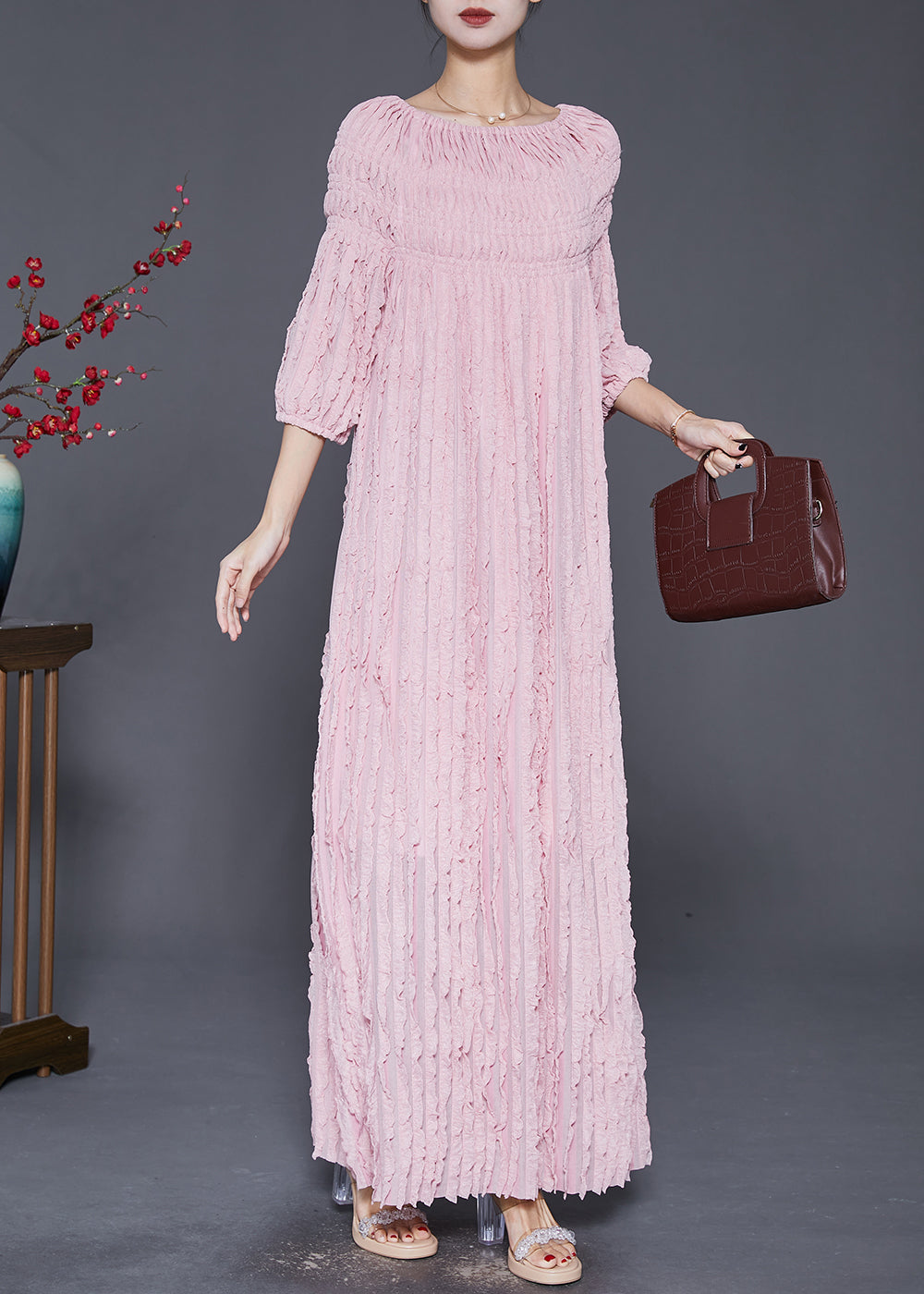 Pink Slash Neck Wrinkled Robe Dresses Fall