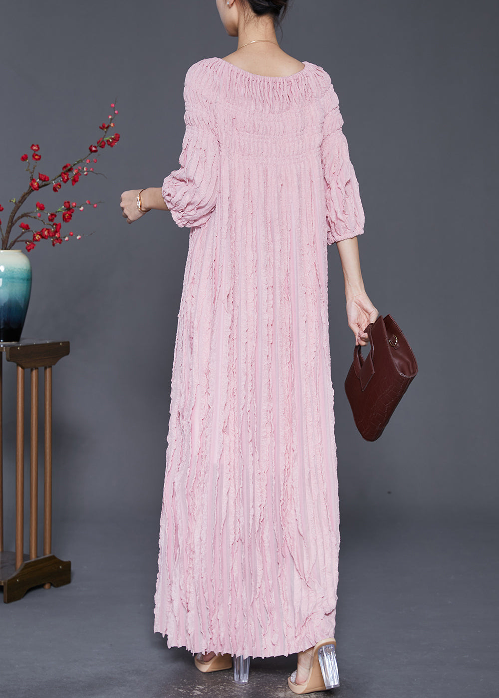 Pink Slash Neck Wrinkled Robe Dresses Fall
