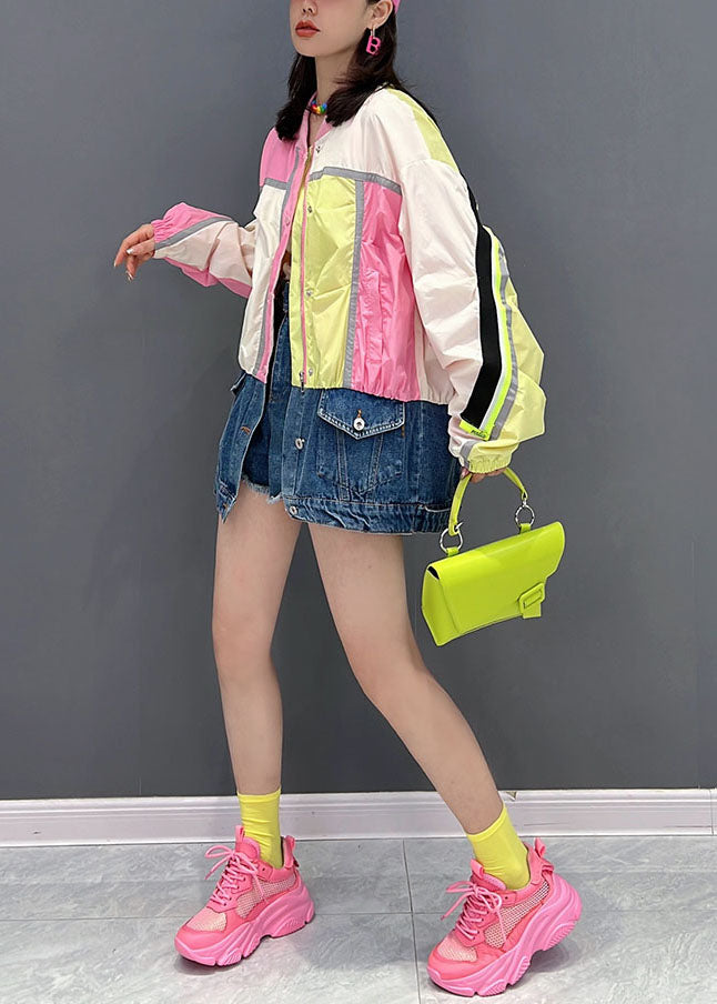 Pink Stand Collar Zip Up Denim Patchwork Coats Fall