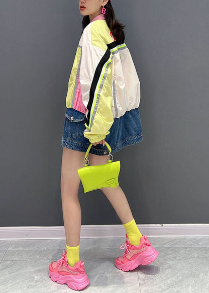 Pink Stand Collar Zip Up Denim Patchwork Coats Fall
