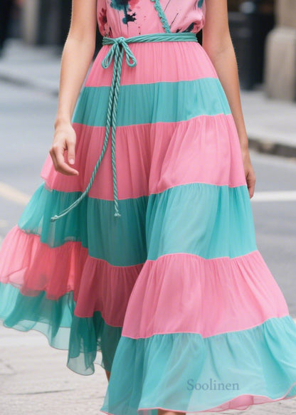Pink Tie Waist Patchwork Chiffon Long Dresses Summer
