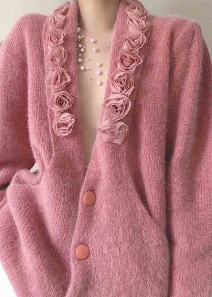 Pink V Neck Button Patchwork Knitted Cotton Coat Fall