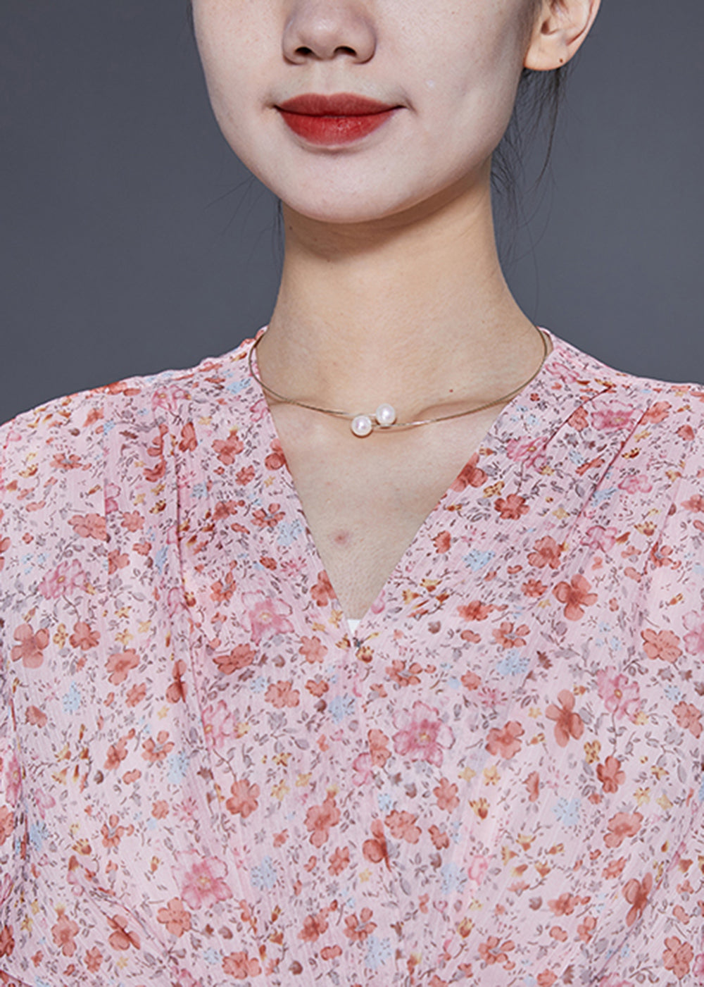 Pink V Neck Cinched Print Chiffon Beach Dress Summer