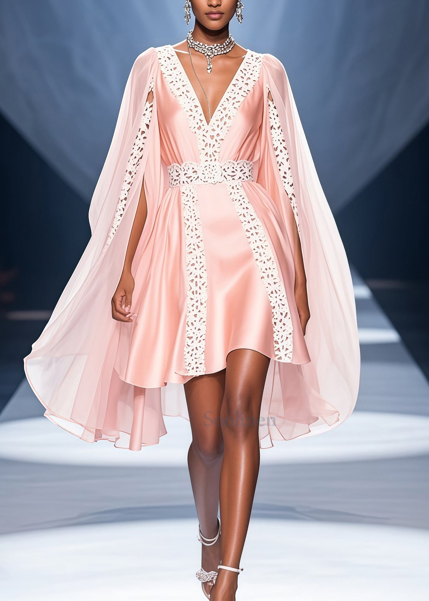 Pink V Neck Lace Patchwork Cloak Silk Party Dress Summer