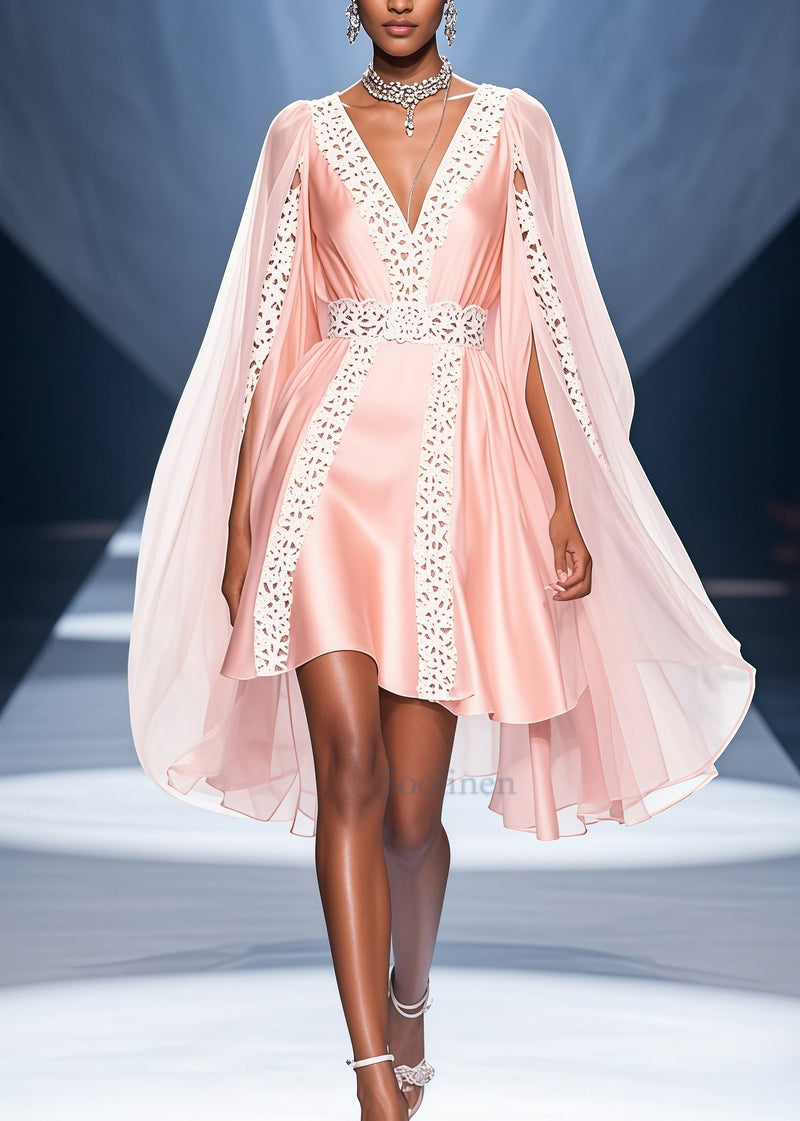 Pink V Neck Lace Patchwork Cloak Silk Party Dress Summer