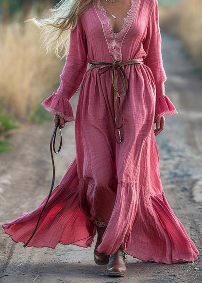 Pink V Neck Patchwork Cotton Maxi Dresses Flare Sleeve