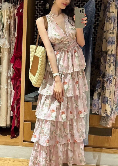 Pink V Neck Print Chiffon Long Dresses Sleeveless