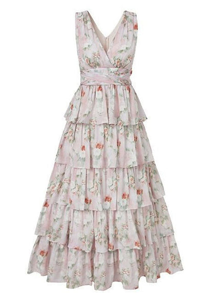 Pink V Neck Print Chiffon Long Dresses Sleeveless