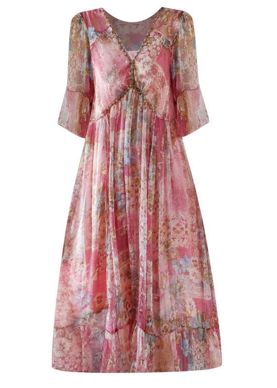 Pink V Neck Print Chiffon Long Dresses Summer