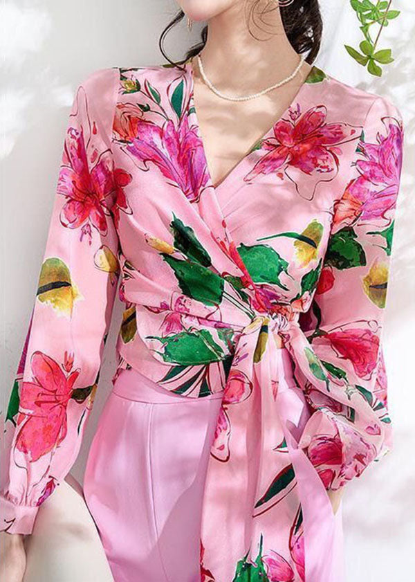 Pink V Neck Print Lace Up Patchwork Chiffon Tops Spring