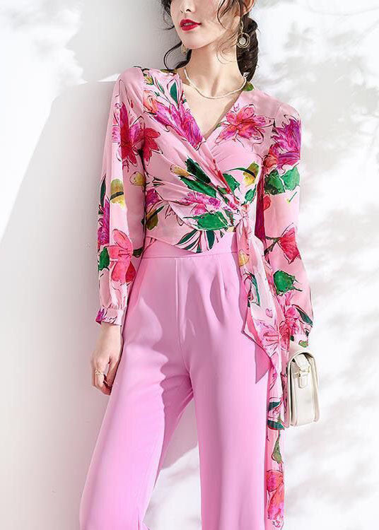 Pink V Neck Print Lace Up Patchwork Chiffon Tops Spring