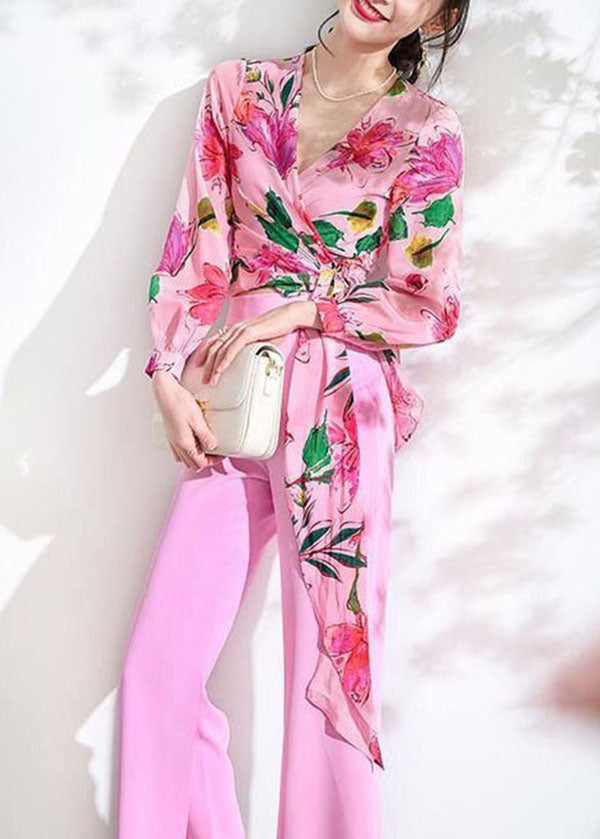 Pink V Neck Print Lace Up Patchwork Chiffon Tops Spring