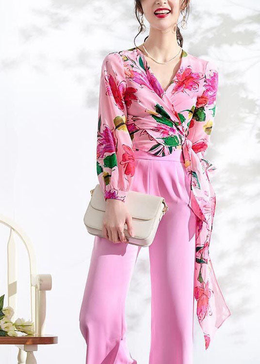 Pink V Neck Print Lace Up Patchwork Chiffon Tops Spring