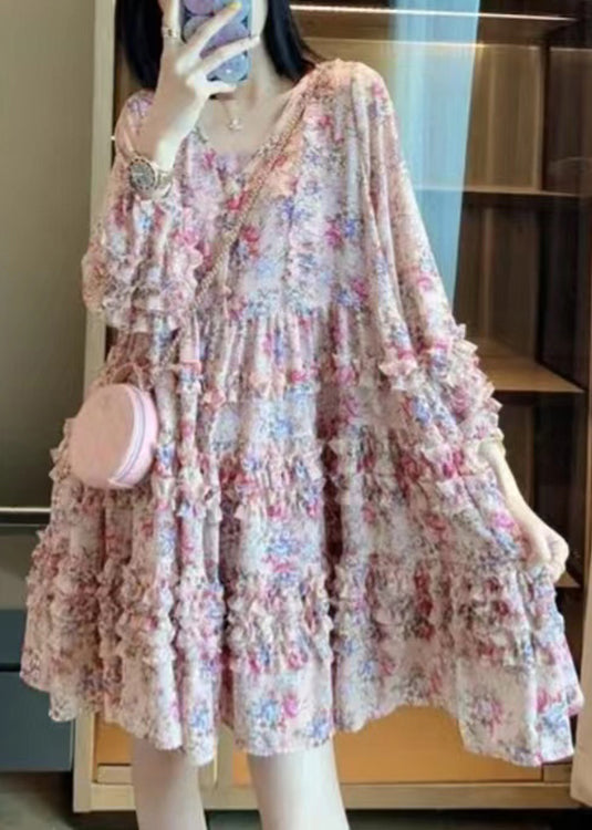 Pink V Neck Print Patchwork Ruffled Mid Dress Long Sleeve