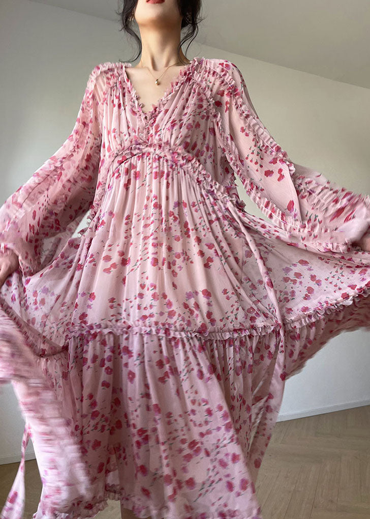 Pink V Neck Print Patchwork Ruffles Silk Dresses Spring