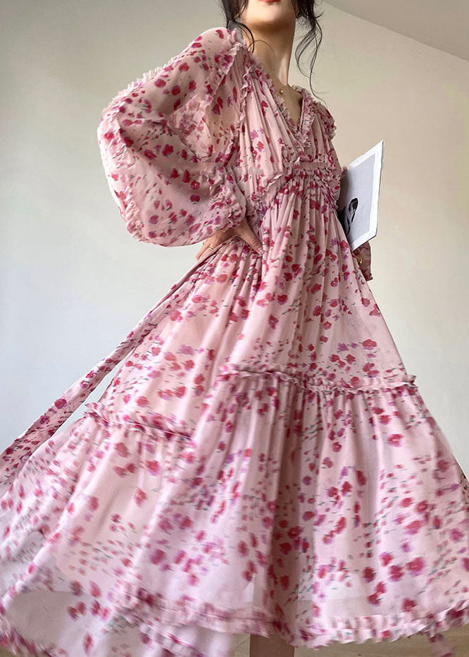 Pink V Neck Print Patchwork Ruffles Silk Dresses Spring