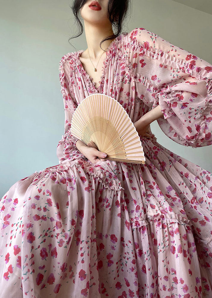Pink V Neck Print Patchwork Ruffles Silk Dresses Spring