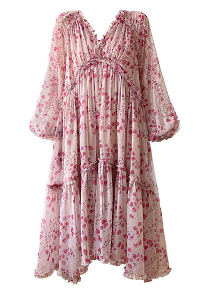 Pink V Neck Print Patchwork Ruffles Silk Dresses Spring