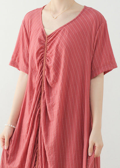Pink Wrinkled V Neck Cotton Party Dress Short Sleeve