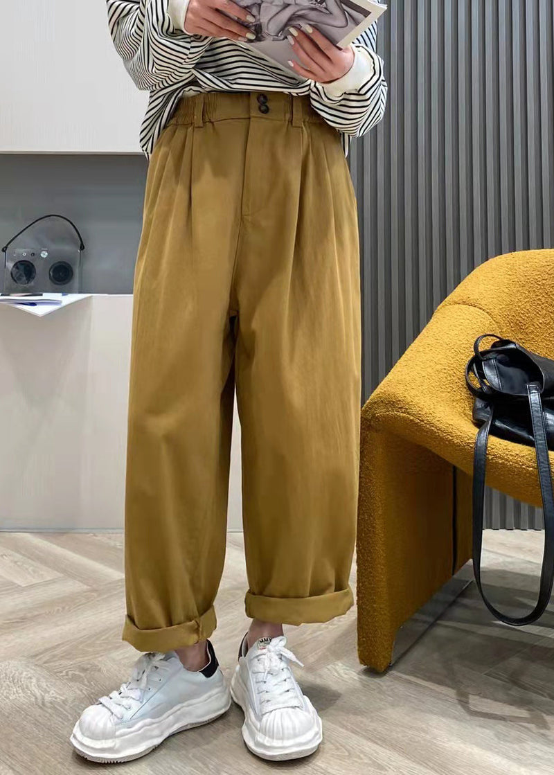 Pink Elastic Waist Wrinkled Pockets Cotton Pants Spring