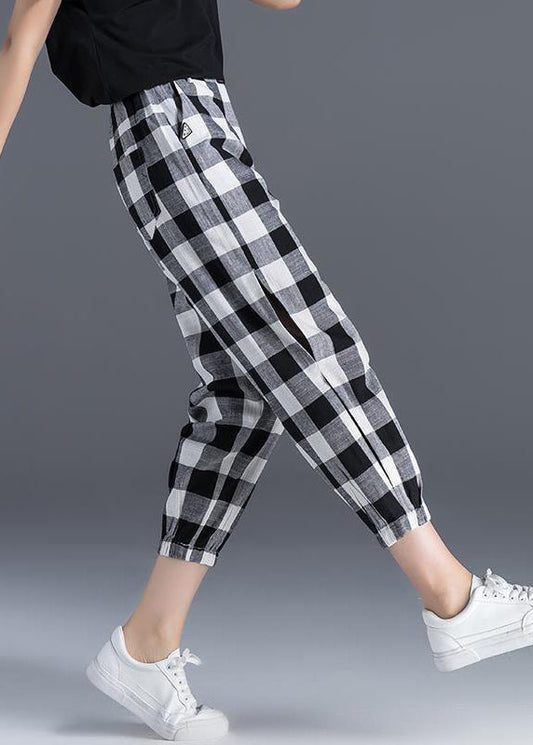 Plaid Pockets Elastic Waist Ice Silk Crop Pants Summer