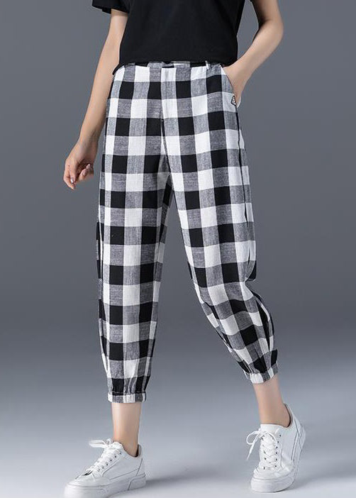Plaid Pockets Elastic Waist Ice Silk Crop Pants Summer