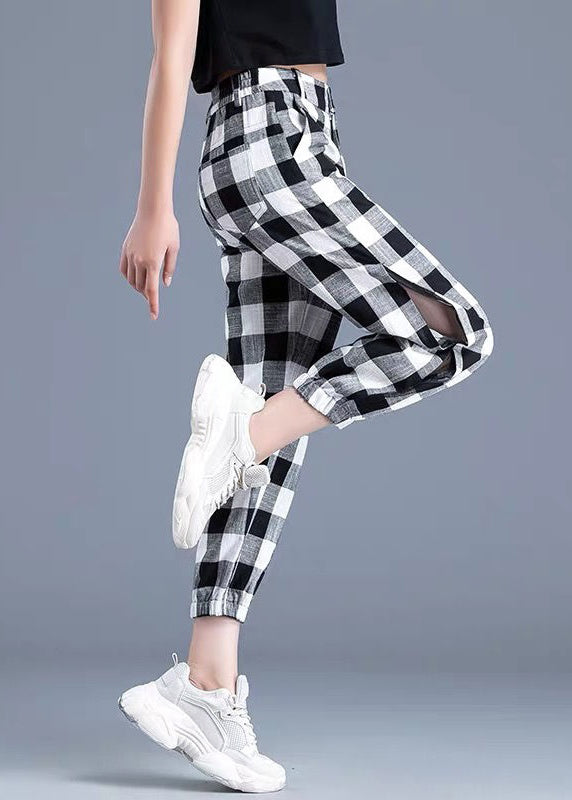 Plaid Pockets Elastic Waist Ice Silk Crop Pants Summer