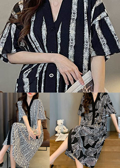Plaid V Neck Patchwork Cotton Pajamas Dress Summer