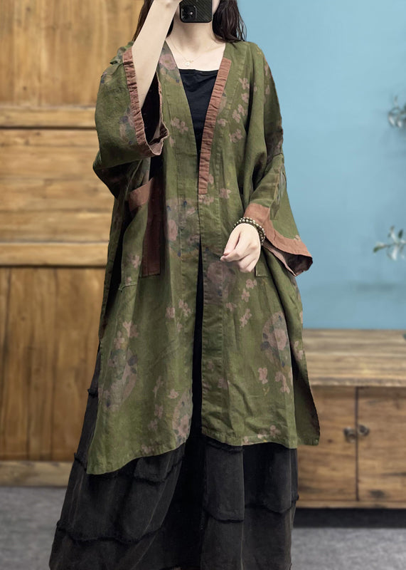 Green V Neck Print Linen Cardigans Spring