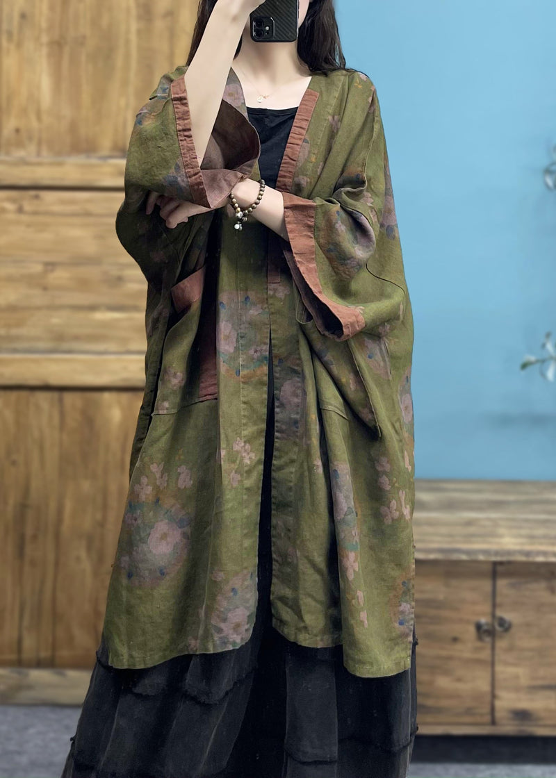 Green V Neck Print Linen Cardigans Spring