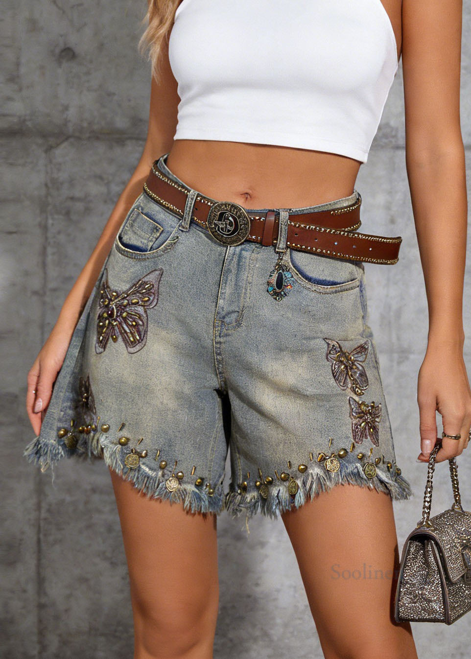 Pockets Rivet Tassel Denim Shorts Summer