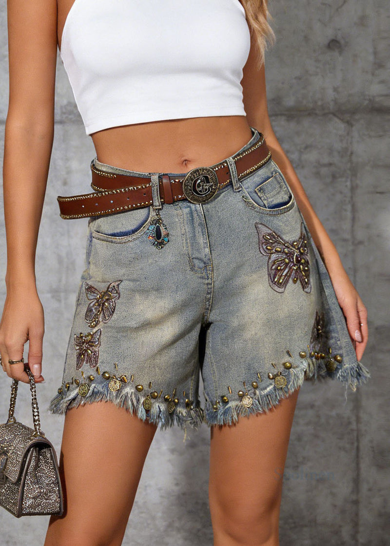 Pockets Rivet Tassel Denim Shorts Summer