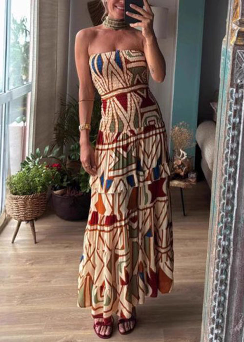 Print Cold Shoulder Patchwork Cotton Long Dress Sleeveless