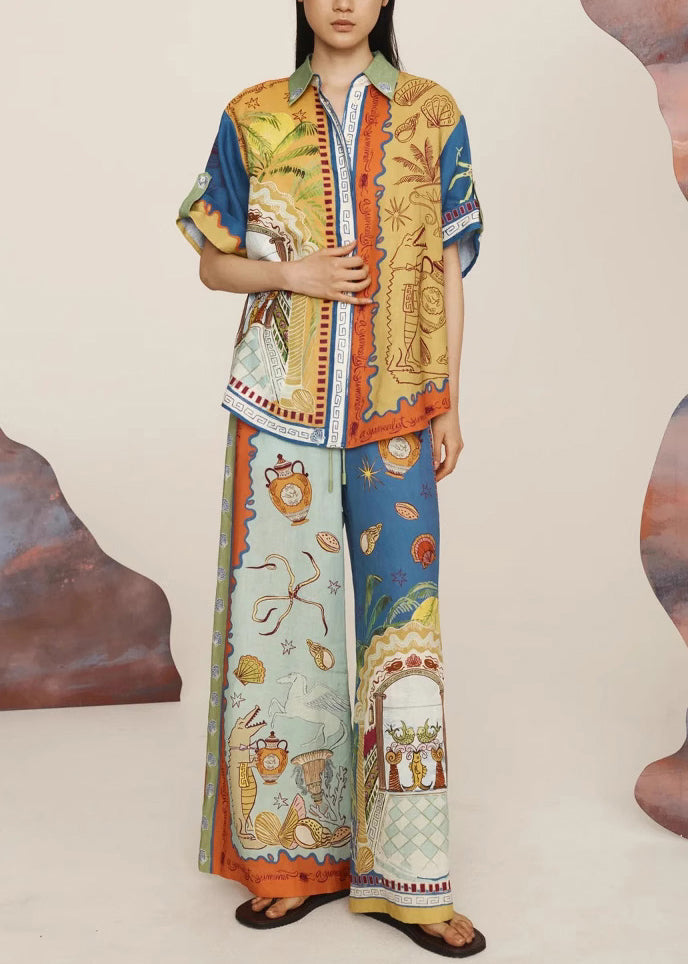 Print Elastic Waist Shirts and Wide Leg Pants Two Pieces Set Short Sleeve