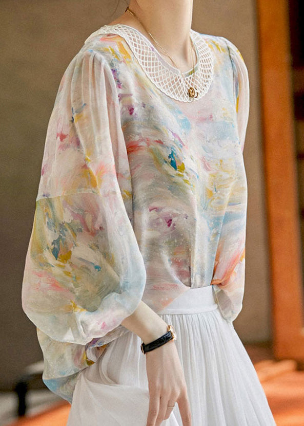 Print Hollow Out Silk Shirts Long Sleeve