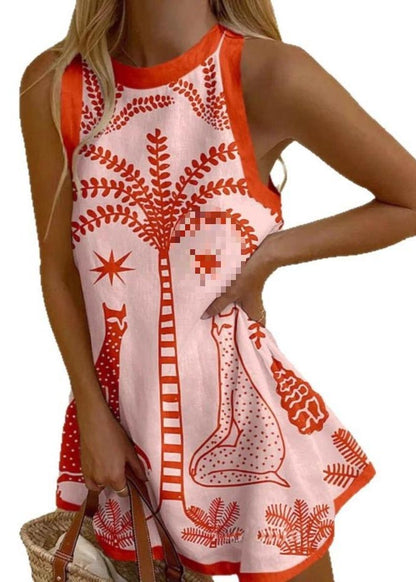 Print Linen a Line Mini Dress Sleeveless
