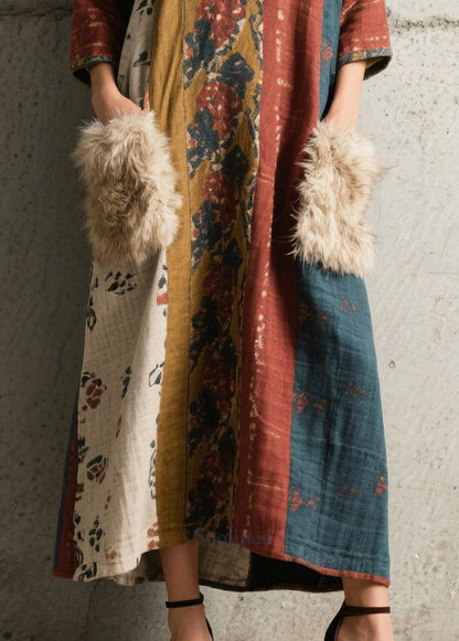 Print Patchwork Faux Fur Holiday Dress Bracelet Sleeve