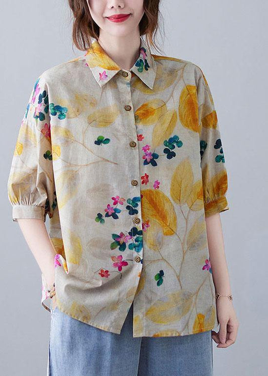 Print Peter Pan Collar Button Cotton Top Summer