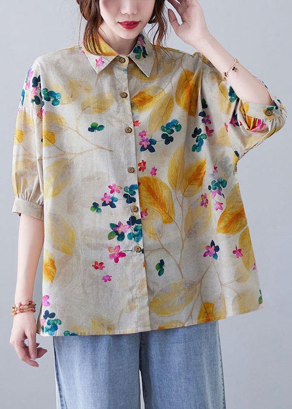 Print Peter Pan Collar Button Cotton Top Summer